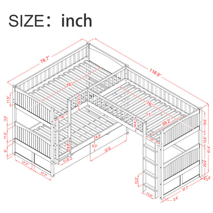 Twin Size Bunk Bed with a Loft Bed attached, with Two Drawers,Gray