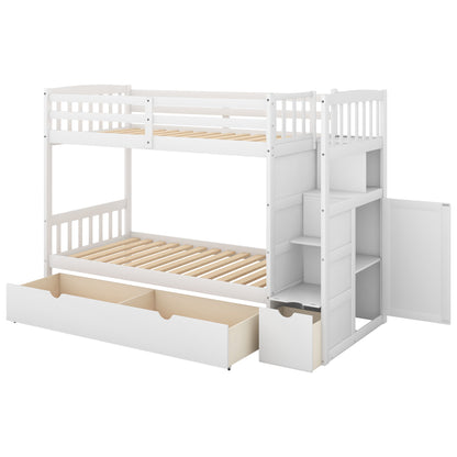 Twin over Full/Twin Bunk Bed, Convertible Bottom Bed, Storage Shelves and Drawers, White