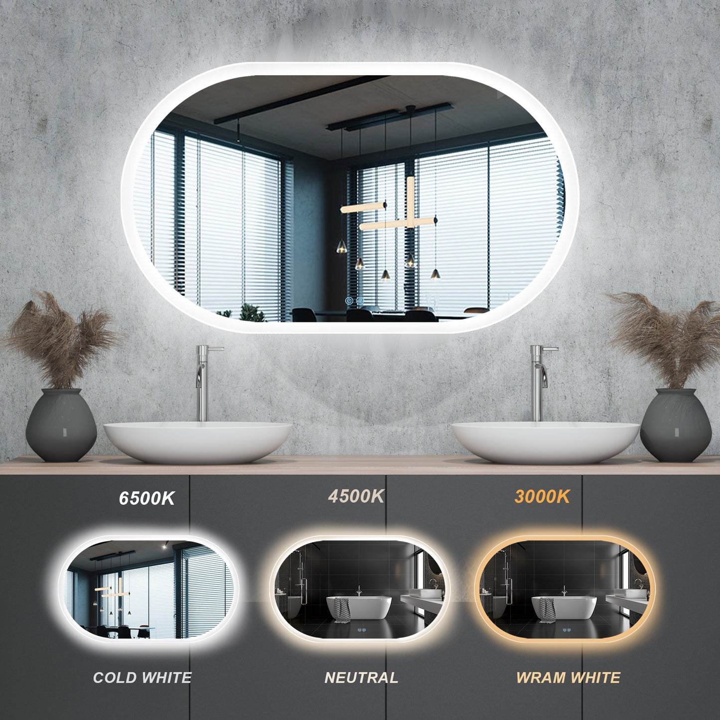 28X40 Bathroom Mirror with Lights Oval Led Bathroom Mirror for Wall Mounted Anti-Fog 3000K/4500K/6500k Adjustable Dimmable Lighting Frameless Large Size Horizontal Hanging