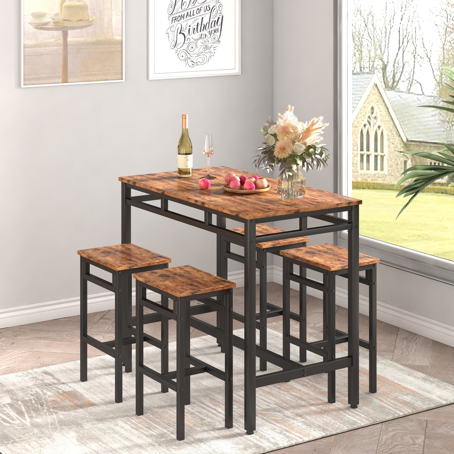 Bar table set 5PC Dinging table set with high stools, structural strengthening, industrial style (Rustic Brown，43.31''w x 23.62''d x 35.43''h)