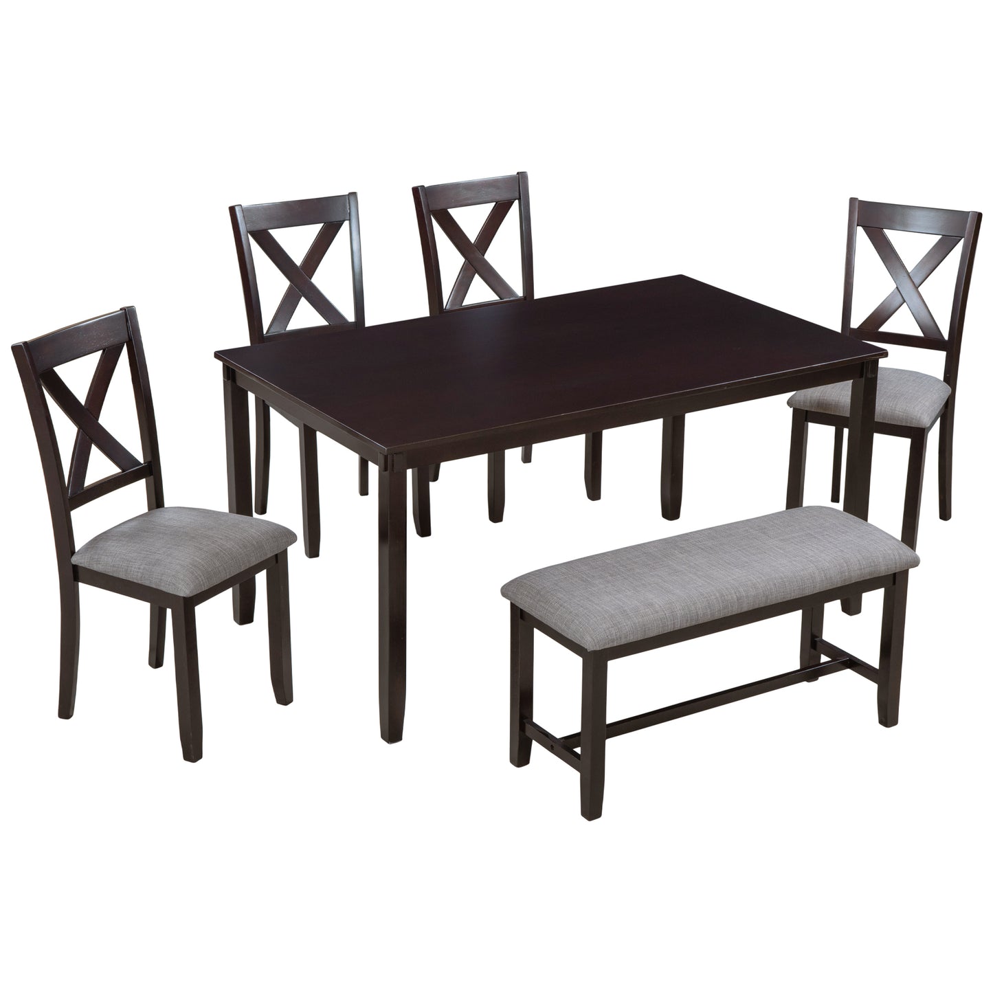 TREXM 6-Piece Kitchen Dining Table Set Wooden Rectangular Dining Table, 4 Dining Chairs and Bench Family Furniture for 6 People (Espresso)