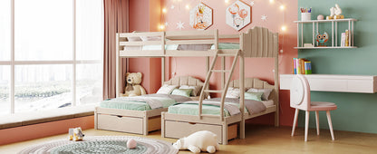 Full Over Twin & Twin Bunk Bed, Velvet Triple Bunk Bed with Drawers and Guardrails, Beige