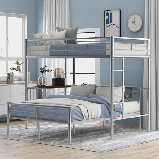 Twin Over Full Metal Bunk Bed with Desk, Ladder and Quality Slats for Bedroom, Metallic Silver（OLD SKU :LP000092AAN）