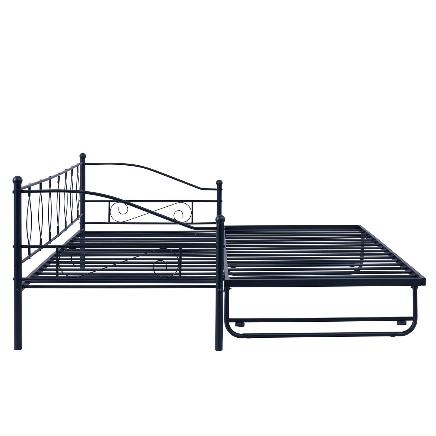 Twin Size Metal Daybed with Twin Size Adjustable Trundle, Portable Folding Trundle, Black