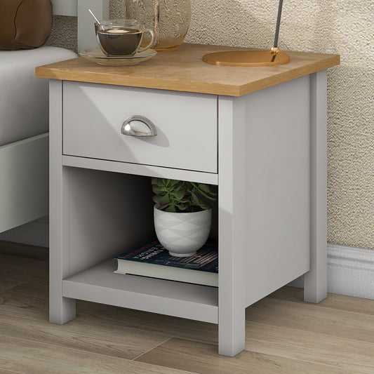 Country Gray Solid One Drawer Nightstand Side Table with Oak Top