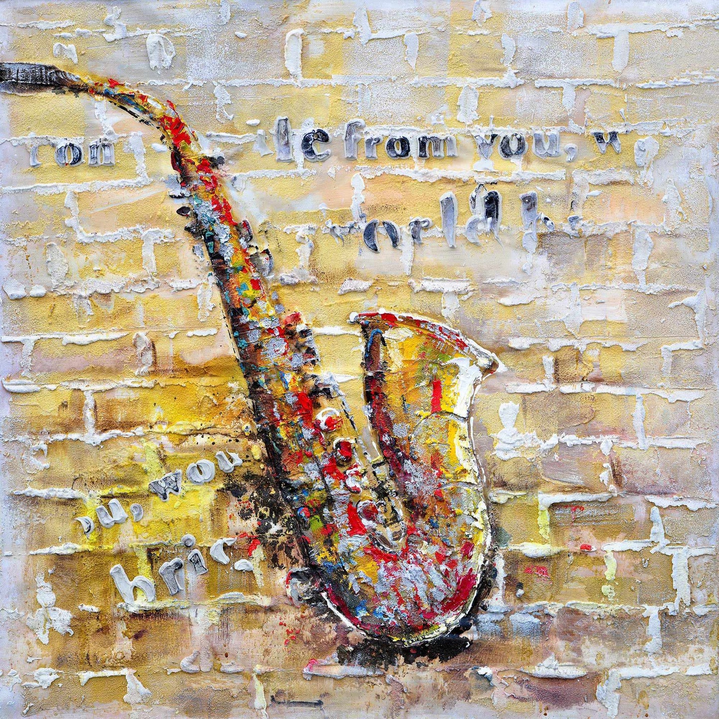 Saxophone on brick wall - 32x32 Print on canvas