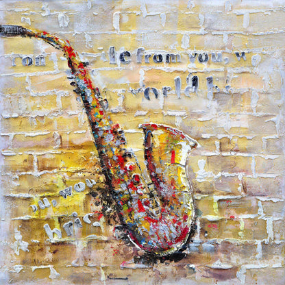 Saxophone on brick wall - 32x32 Print on canvas