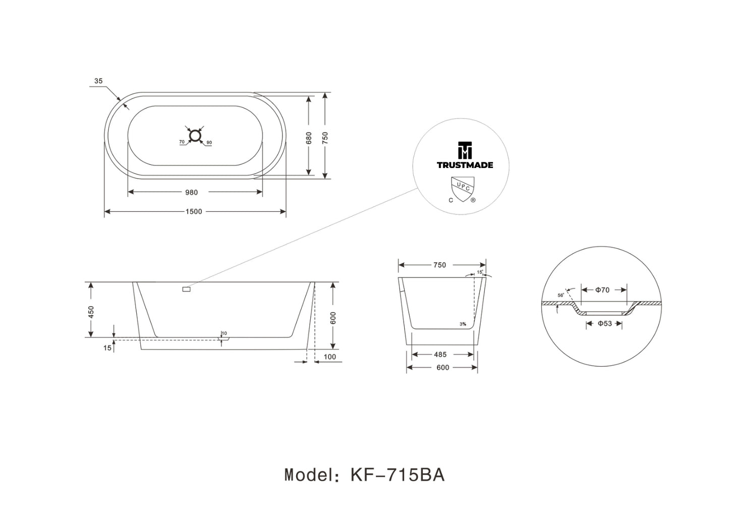 59" 100% Acrylic Freestanding Bathtub Contemporary Soaking Tub with Brushed Nickel Overflow and Drain