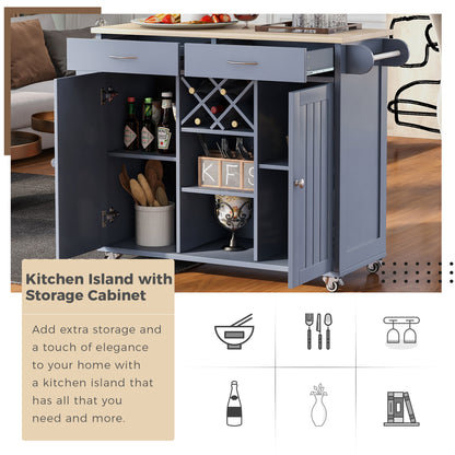 K&K Store Kitchen Island Cart with Two Storage Cabinets and Four Locking Wheels，Wine Rack, Two Drawers,Spice Rack, Towel Rack （Grey Blue）