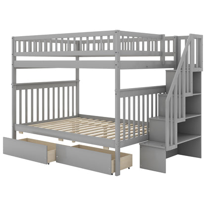 Full over Full Bunk Bed with Two Drawers and Storage, Gray