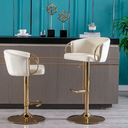 Set of 2  Bar Stools,with Chrome Footrest and Base Swivel Height Adjustable Mechanical Lifting Velvet + Golden Leg Simple Bar Stool-Ivory