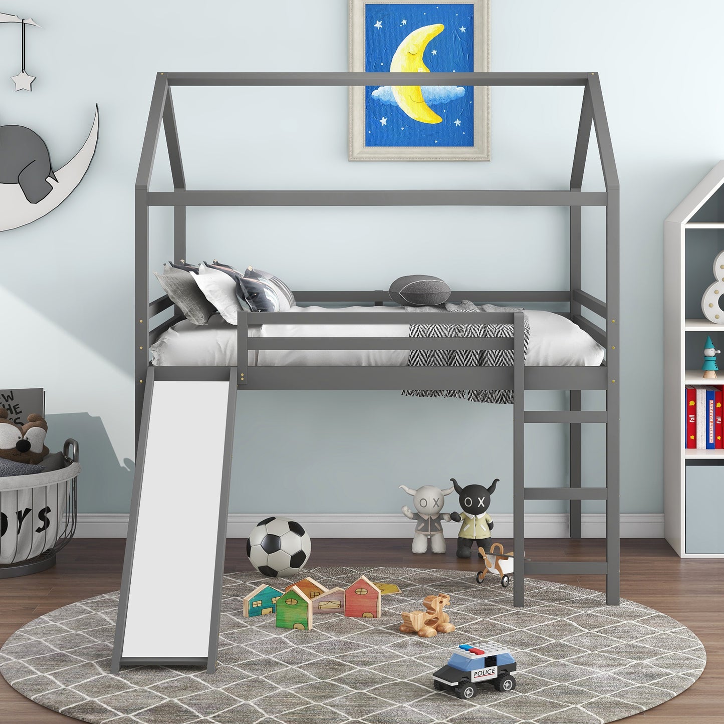 Full Size Loft Bed with Slide, House Bed with Slide,Gray(OLD SKU :WF281161AAE)