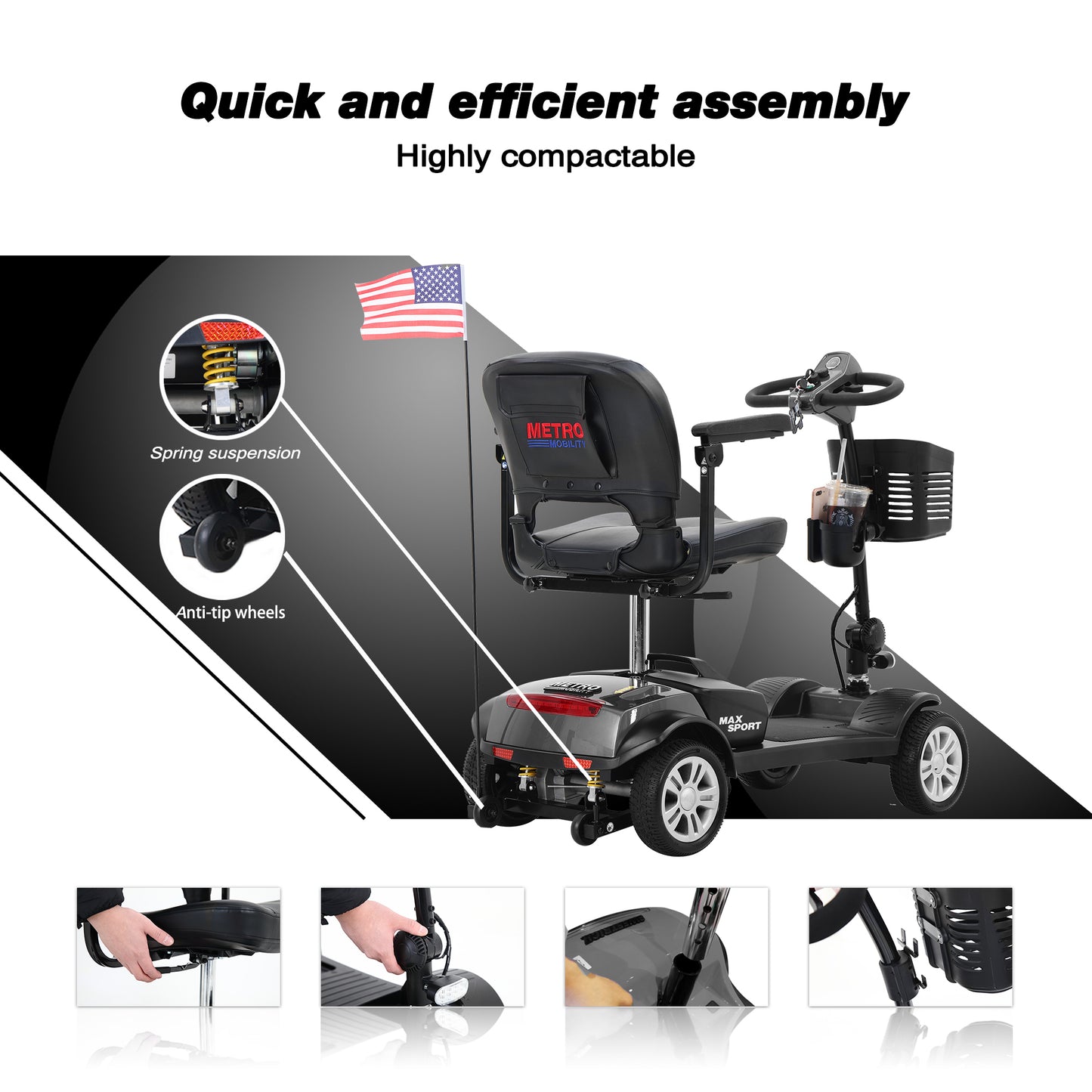 MAX SPORT GREY 4 Wheels Outdoor Compact Mobility Scooter with 2 in 1 Cup & Phone Holder