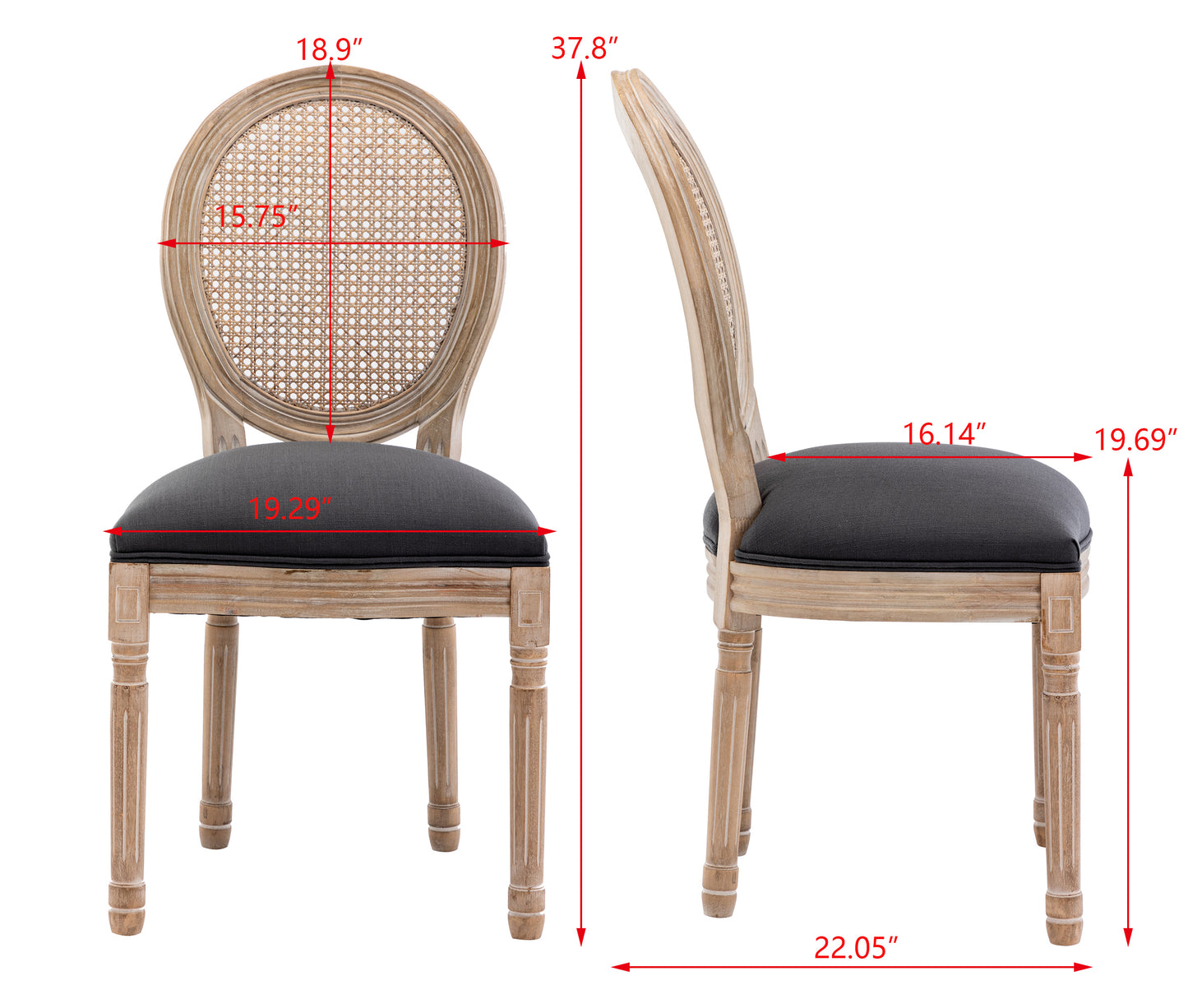 French Style Solid Wood Frame Antique Painting Linen Fabric Rattan Back Dining Chair,Set of 2,grey