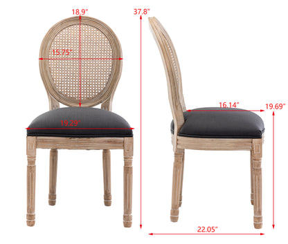 French Style Solid Wood Frame Antique Painting Linen Fabric Rattan Back Dining Chair,Set of 2,grey