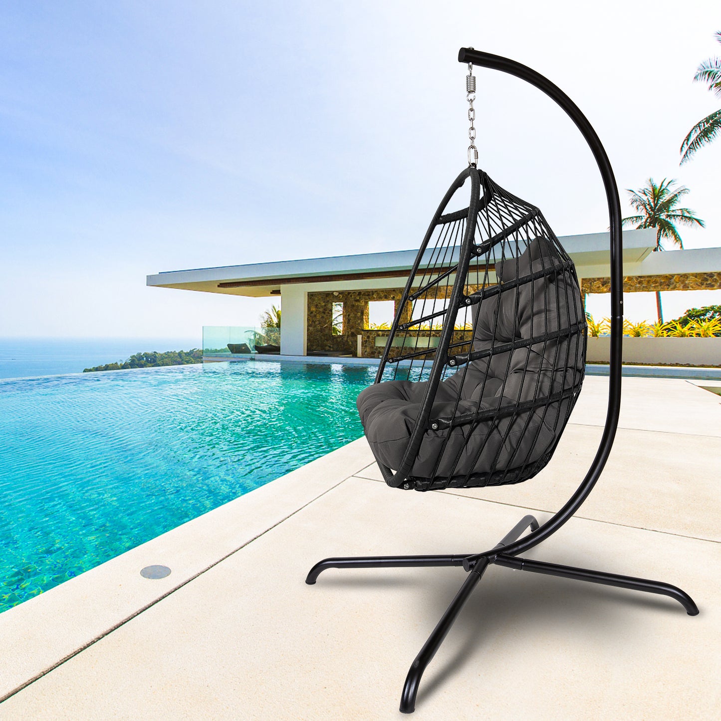 Swing Egg Chair with Stand Indoor Outdoor Wicker Rattan Patio Basket Hanging Chair with C Type bracket , with cushion and pillow,Patio Wicker folding Hanging Chair( Black New arrivals within 10 days)