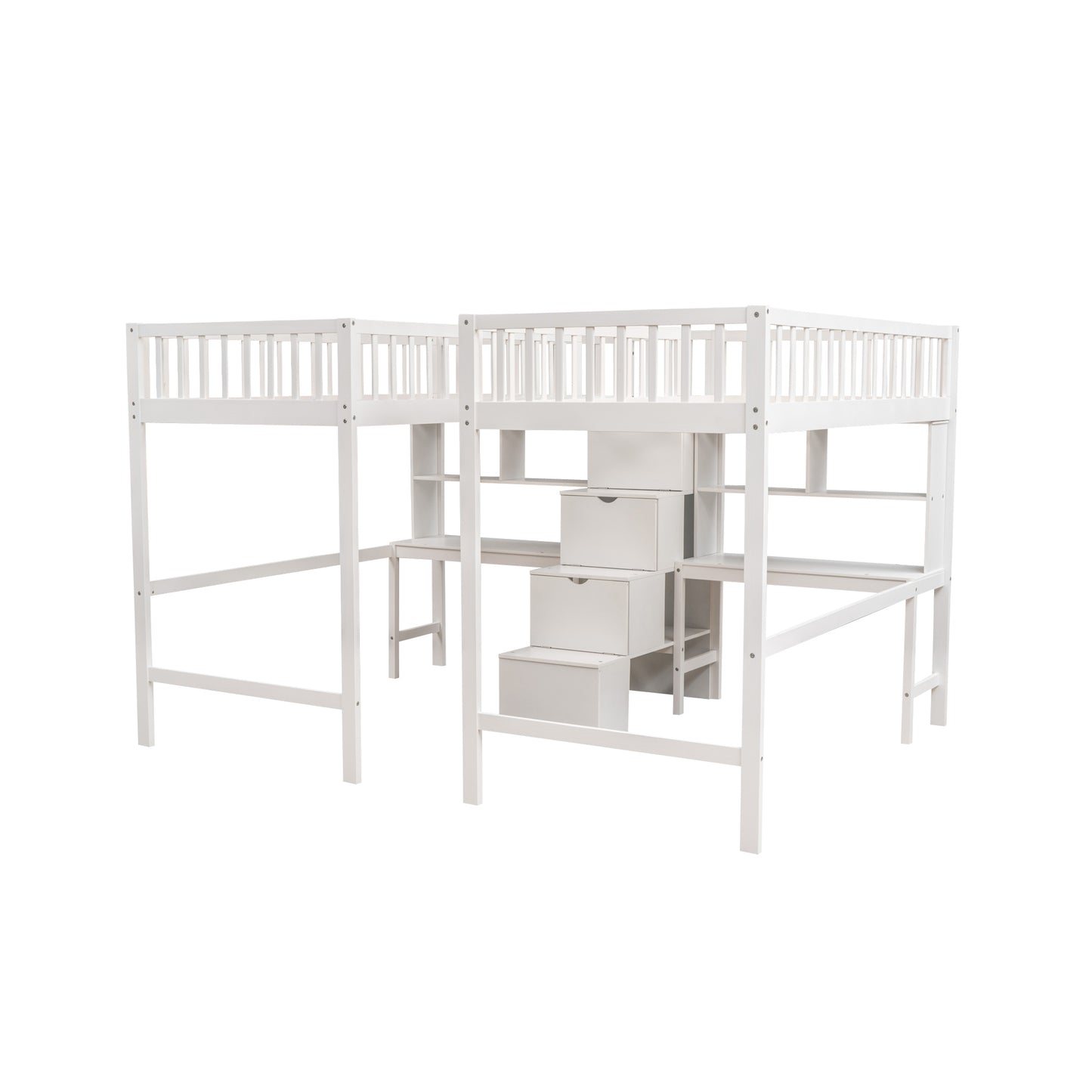 Twin & Twin Size Loft Bed with 2 Built-in Desks and Shelves, Storage Staircase, White