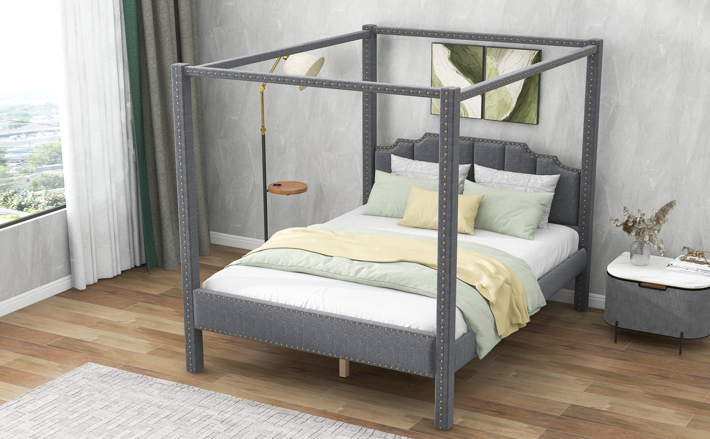 Queen Size Upholstery Canopy Platform Bed with Headboard,Support Legs,Gray