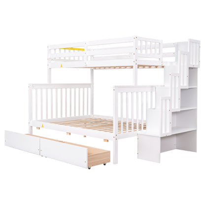 Twin Over Full Bunk Bed with 2 Drawers and Staircases, Convertible into 2 Beds, the Bunk Bed with Staircase and Safety Rails for Kids, Teens, Adults, White