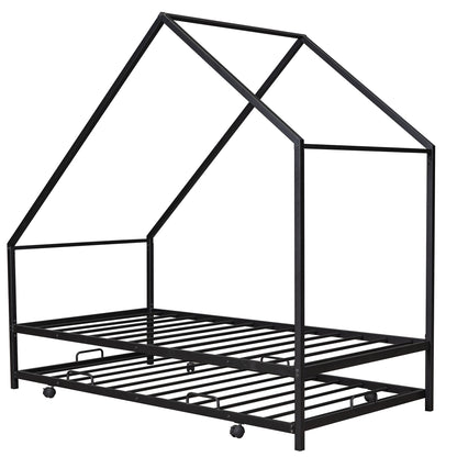 Metal House Bed With Trundle, Twin Size House  Bed Black