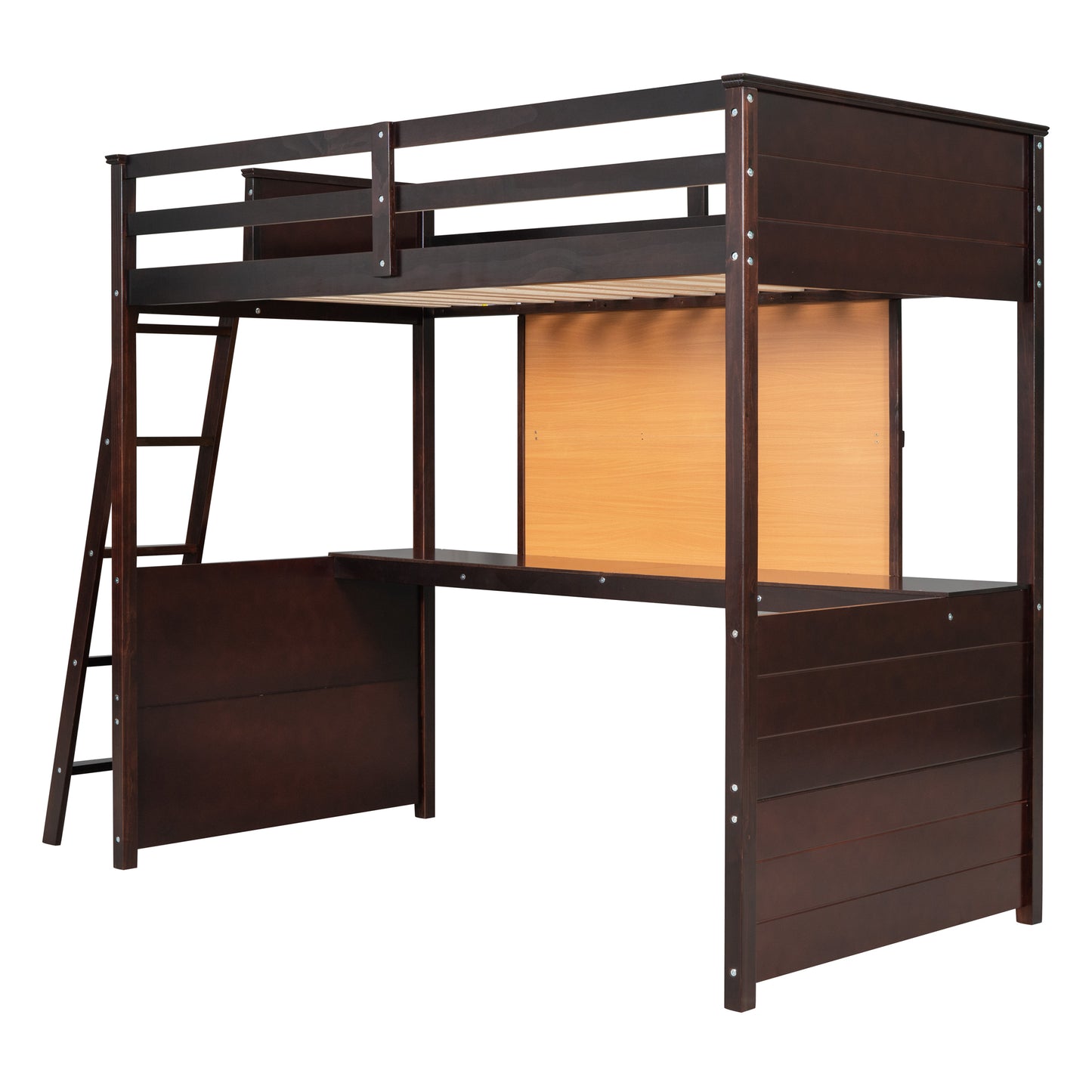 Twin size Loft Bed with Desk and Writing Board, Wooden Loft Bed with Desk - Espresso