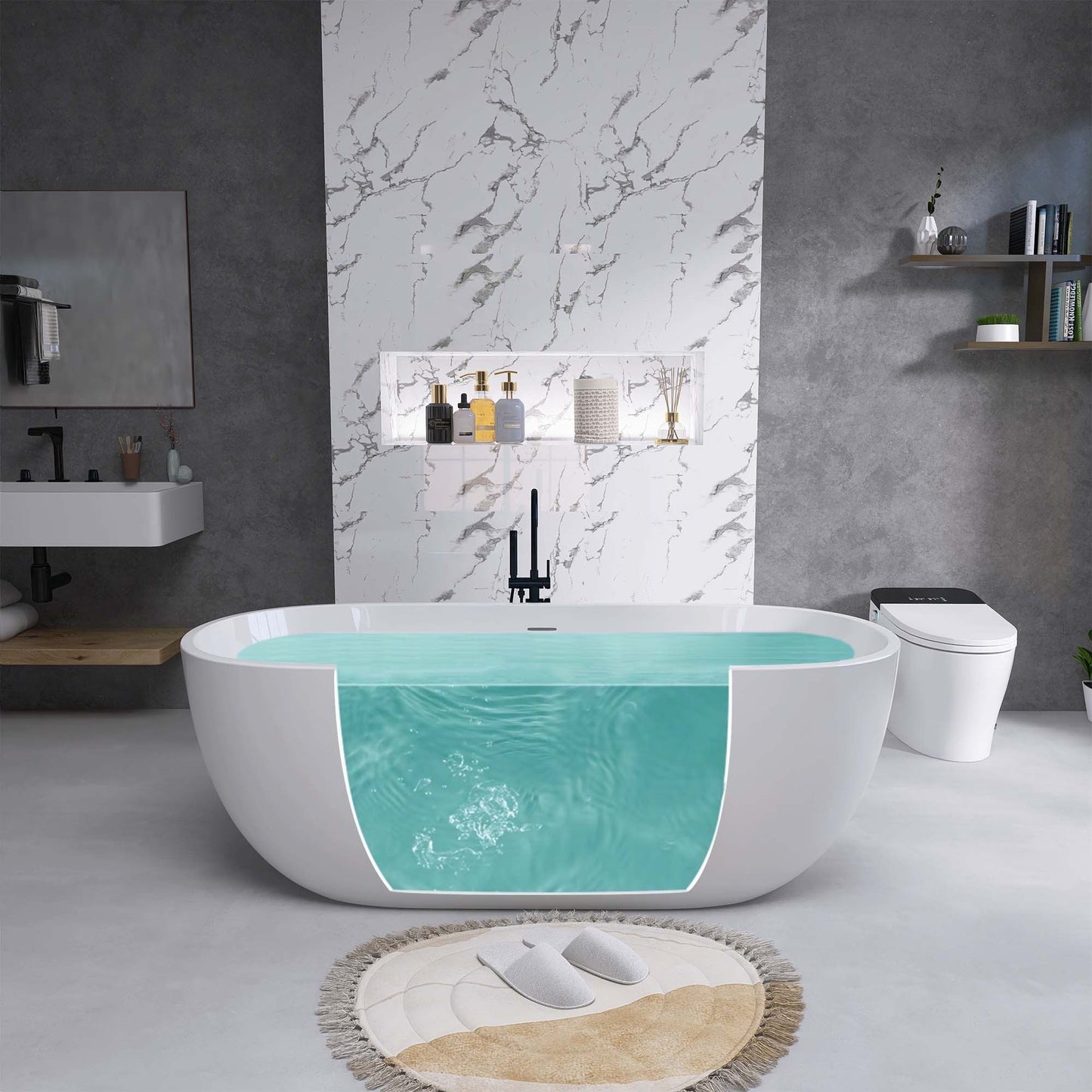 65" Acrylic Free Standing Tub - Classic Oval Shape Soaking Tub, Adjustable Freestanding Bathtub with Integrated Slotted Overflow and Chrome Pop-up Drain Anti-clogging Gloss White