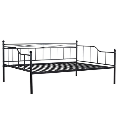 Full Size Metal Daybed with Twin Size Adjustable Trundle, Portable Folding Trundle, Black