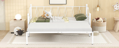 Twin Size Metal Daybed with Trundle, Daybed with Slat No Box required White