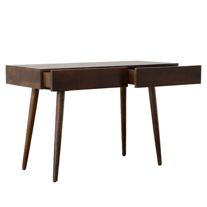 Mango Wood Writing Desk with Two Drawers and Tapered Legs, Brown