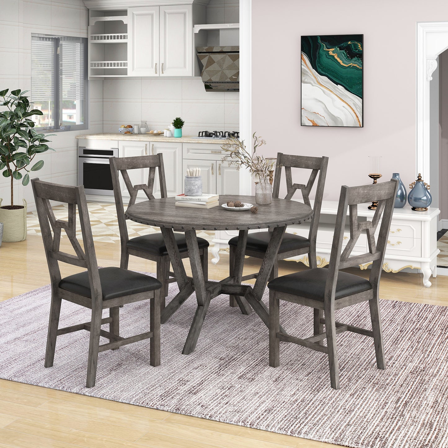 TOPMAX Mid-Century 5-Piece Dining Table Set, Round Table with Cross Legs, 4 Upholstered Chairs for Small Places, Kitchen, Studio, Gray