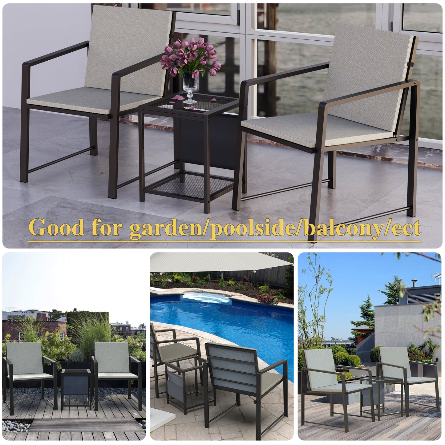 Outdoor Patio Furniture 3 pieces Set Garden Armchair Coffee Side Table,Black Frame, Modern Design