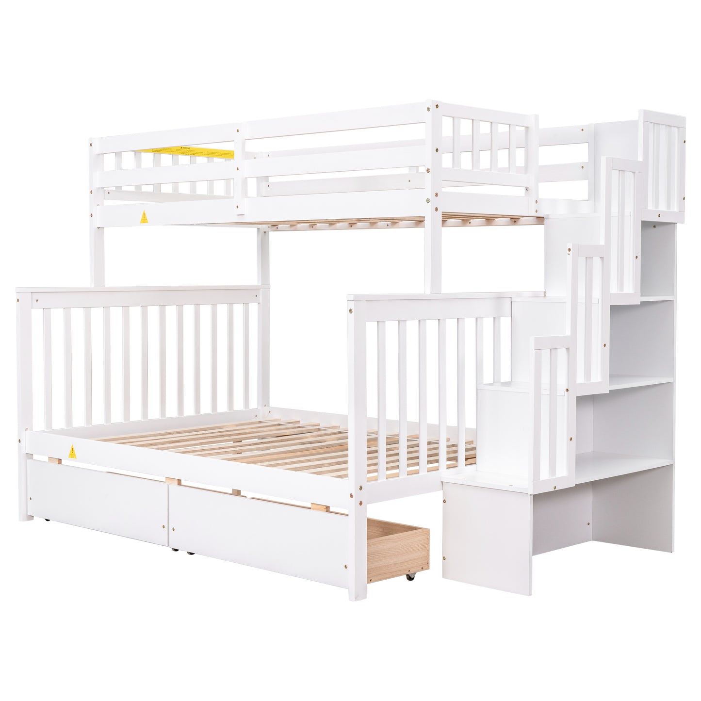 Twin Over Full Bunk Bed with 2 Drawers and Staircases, Convertible into 2 Beds, the Bunk Bed with Staircase and Safety Rails for Kids, Teens, Adults, White