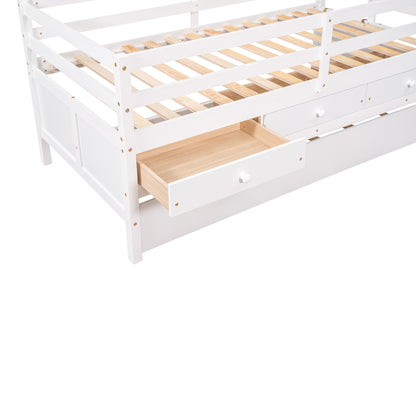 Low Loft Bed Twin Size with Full Safety Fence, Climbing ladder, Storage Drawers and Trundle White Solid Wood Bed