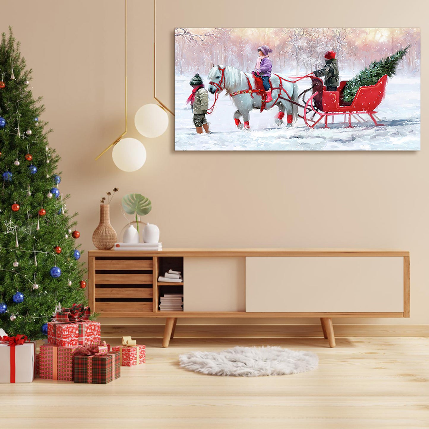 Framed Canvas Wall Art Decor Painting For Chrismas, Kids Riding White Horse Sledge Chrismas Gift Painting For Chrismas Gift, Decoration For Chrismas Eve Office Living Room, Bedroom Decor-Ready To Hang