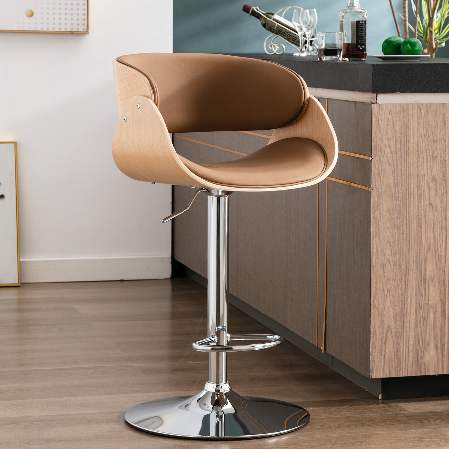 HengMing  Adjustable/Swivel Bar Stool, PU Leather Ecru Bent wood Bar Chair