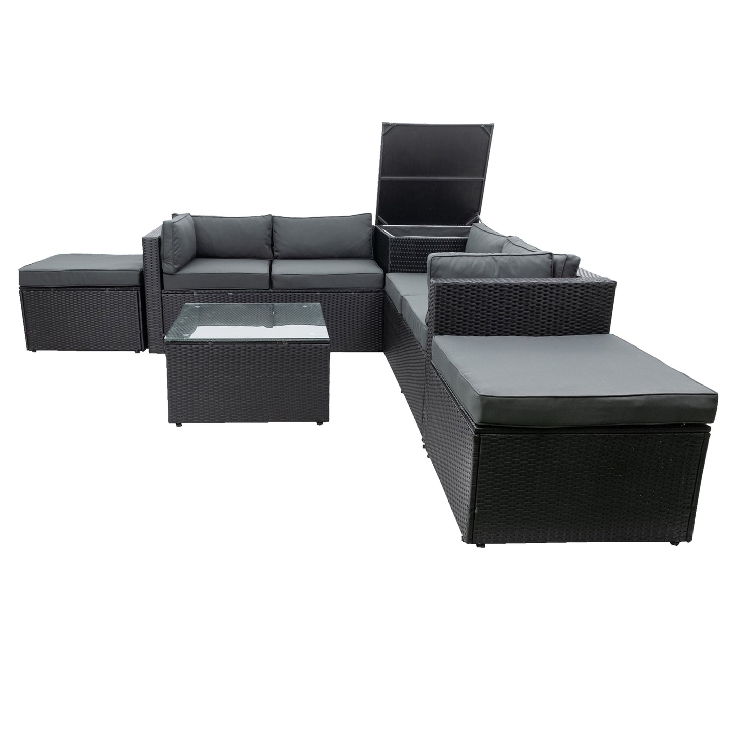 6 Piece Patio Rattan Wicker Outdoor Furniture Conversation Sofa Set with Storage Box Removeable Cushions and Temper glass TableTop