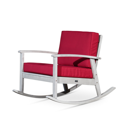 Eucalyptus Rocking Chair with Cushions, Silver Gray Finish, Burgundy Cushions