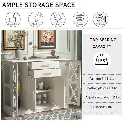 TREXM Stylish Functional Sideboard with Tempered Glass Large Storage Space Adjustable shelves Buffet (White)