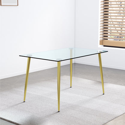 Modern Minimalist Rectangular Glass  Dining Table for 4-6 with 0.31" Tempered Glass Tabletop and Golden plating Metal Legs, Writing Table Desk, for Kitchen Dining Living Room, 51" W x 31"D x 30" H