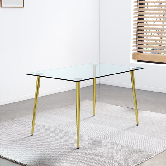 Modern Minimalist Rectangular Glass  Dining Table for 4-6 with 0.31" Tempered Glass Tabletop and Golden plating Metal Legs, Writing Table Desk, for Kitchen Dining Living Room, 51" W x 31"D x 30" H