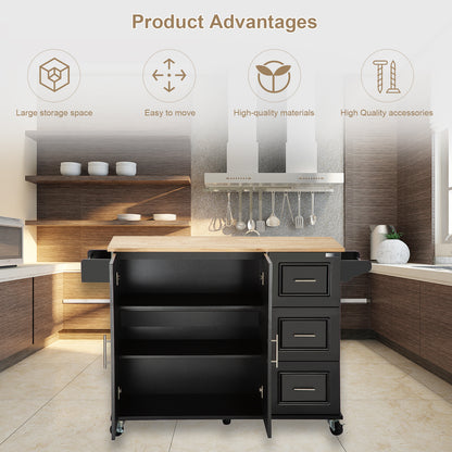 Kitchen Island & Kitchen Cart, \\nMobile Kitchen Island with Extensible Rubber Wood Table Top,\\nadjustable Shelf Inside Cabinet,\\n3 Big Drawers, with Spice Rack, Towel Rack, \\nBlack-Beech .