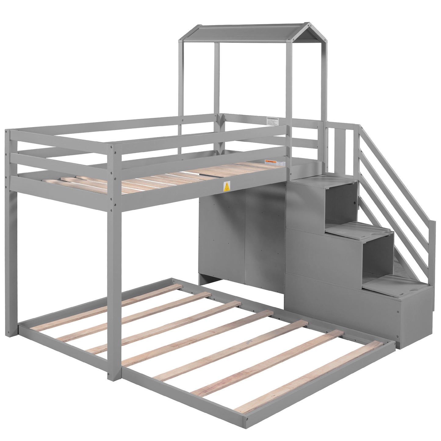 Twin over Full House Roof Bunk Bed with Staircase and Shelves, Gray