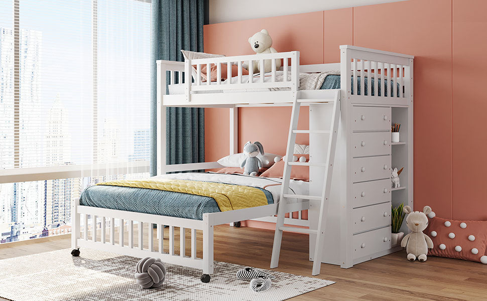 Wooden Twin Over Full Bunk Bed With Six Drawers And Flexible Shelves,Bottom Bed With Wheels,White(OLD SKU:LP000531AAK)