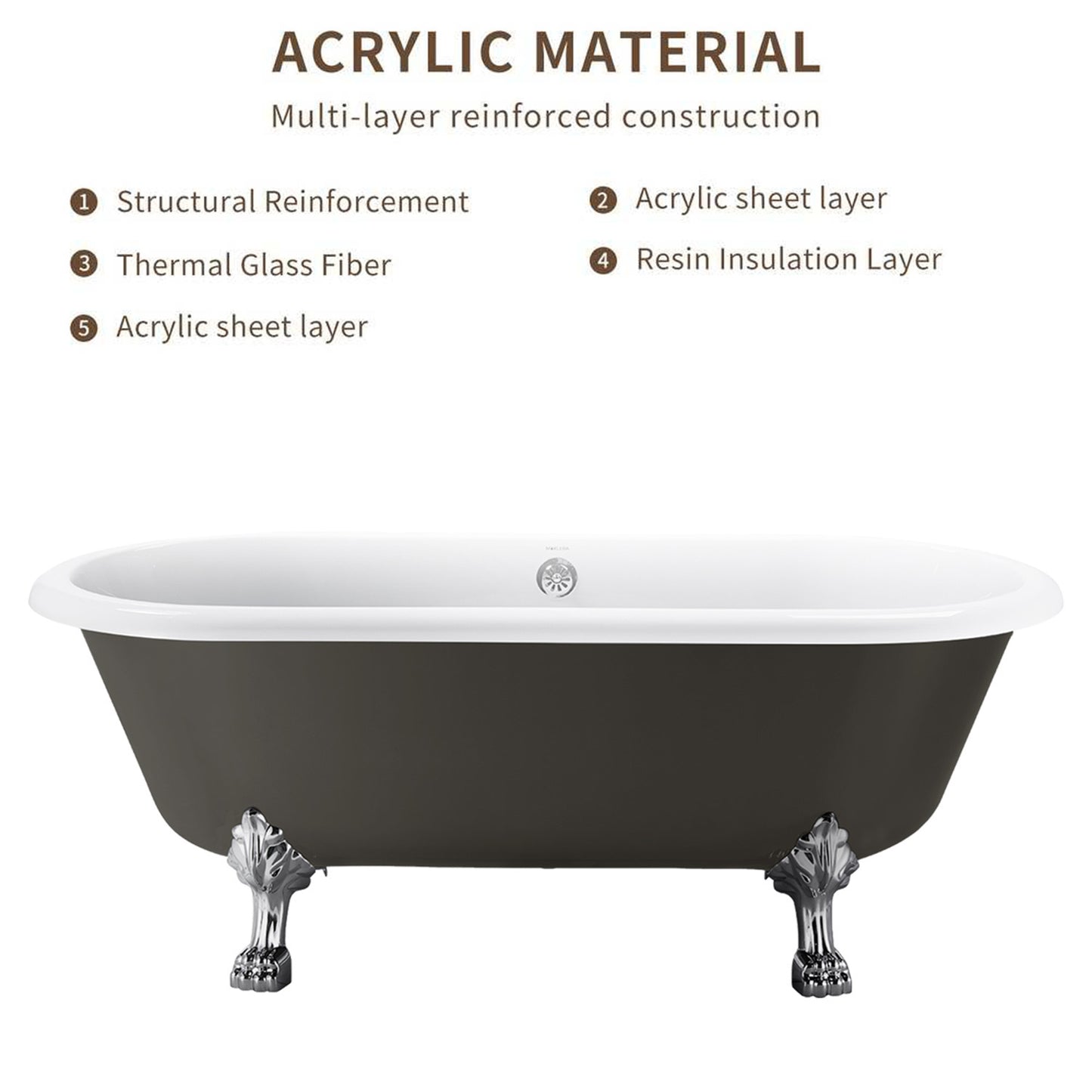 67" 100% Acrylic Freestanding Bathtub，Contemporary Soaking Tub，white inside and gray outside