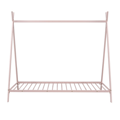 House Bed Tent Bed Frame Twin Size Metal Floor Play House Bed with Slat for Kids Girls Boys , No Box Spring Needed Pink