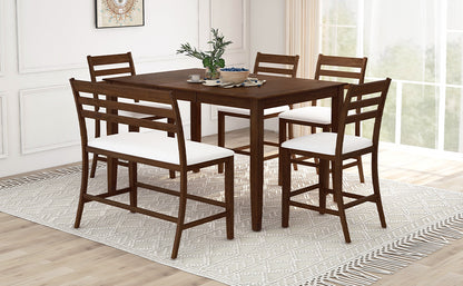 TOPMAX Farmhouse Extendable Counter Height 6-Piece Dining Table Set with Removable Leaf, 4 Dining Chairs and Dining Bench with Back, Brown Walnut+Beige