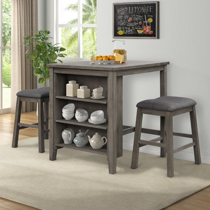 TOPMAX 3 Piece Dining Table with Padded Stools, Table Set with Storage Shelf,Dark Gray