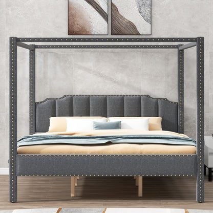 King Size Upholstery Canopy Platform Bed with Headboard,Support Legs,Gray