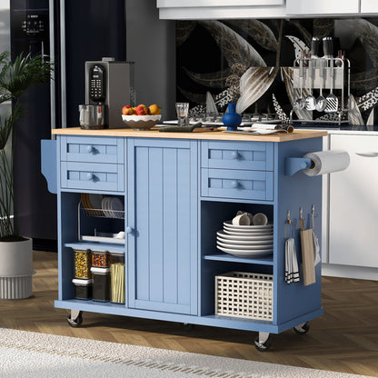 K&K kitchen island cart with Spice Rack, Towel Rack & Drawer,Rubber wood desktop,5 wheels including 4 lockable wheels,52.8inch width (Blue)