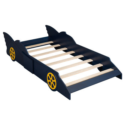 Twin Size Race Car-Shaped Platform Bed with Wheels,Blue+Yellow